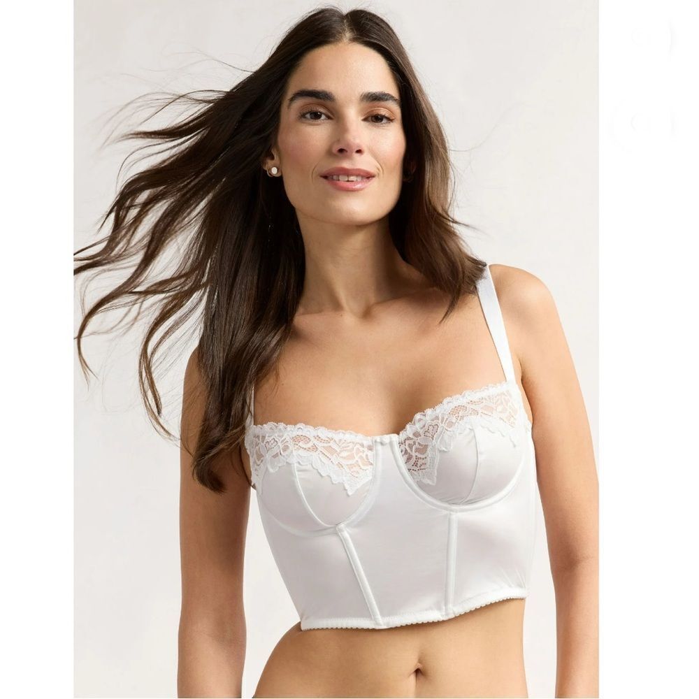 Women's Bridal Satin Bustier with Lace Trim Bra Size M - Picture 3 of 6